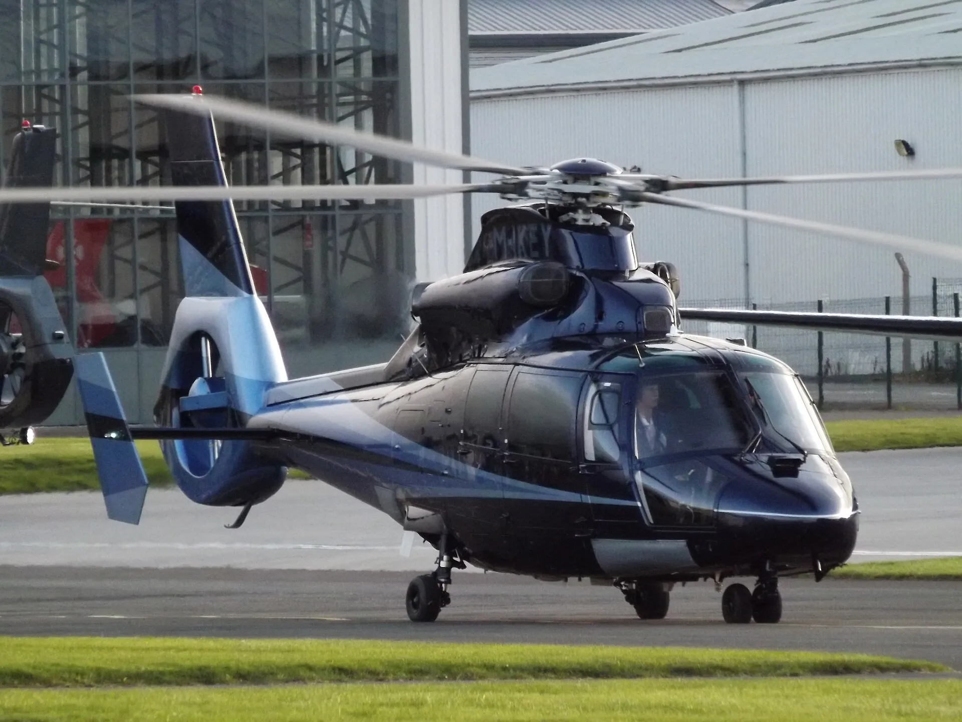 Dunkler Eurocopter AS365 Dauphin am Boden mit laufendem Rotor