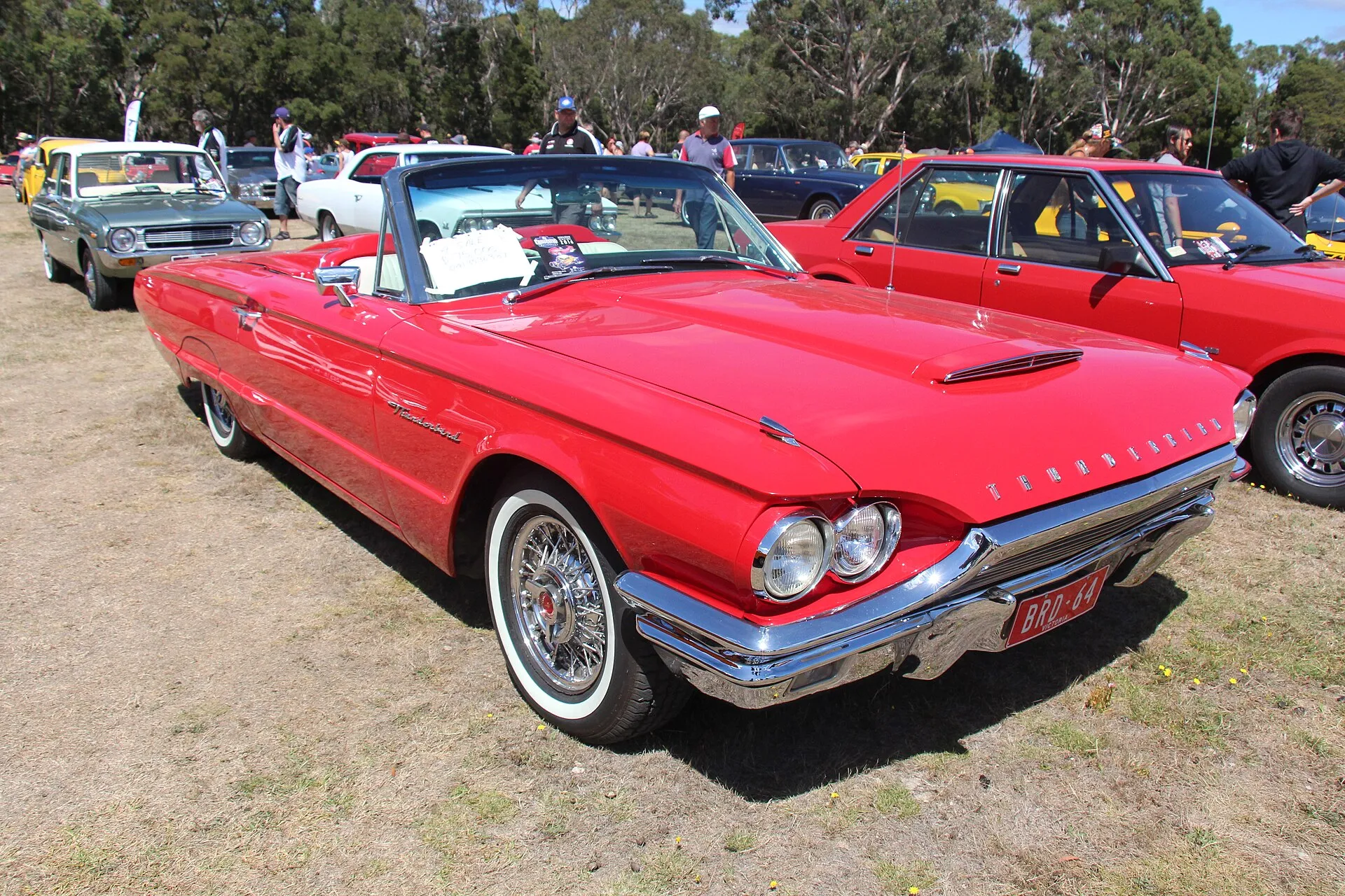 Rotes Ford Thunderbird Cabriolet von 1964 mit Speichenrädern auf einem Oldtimertreffen