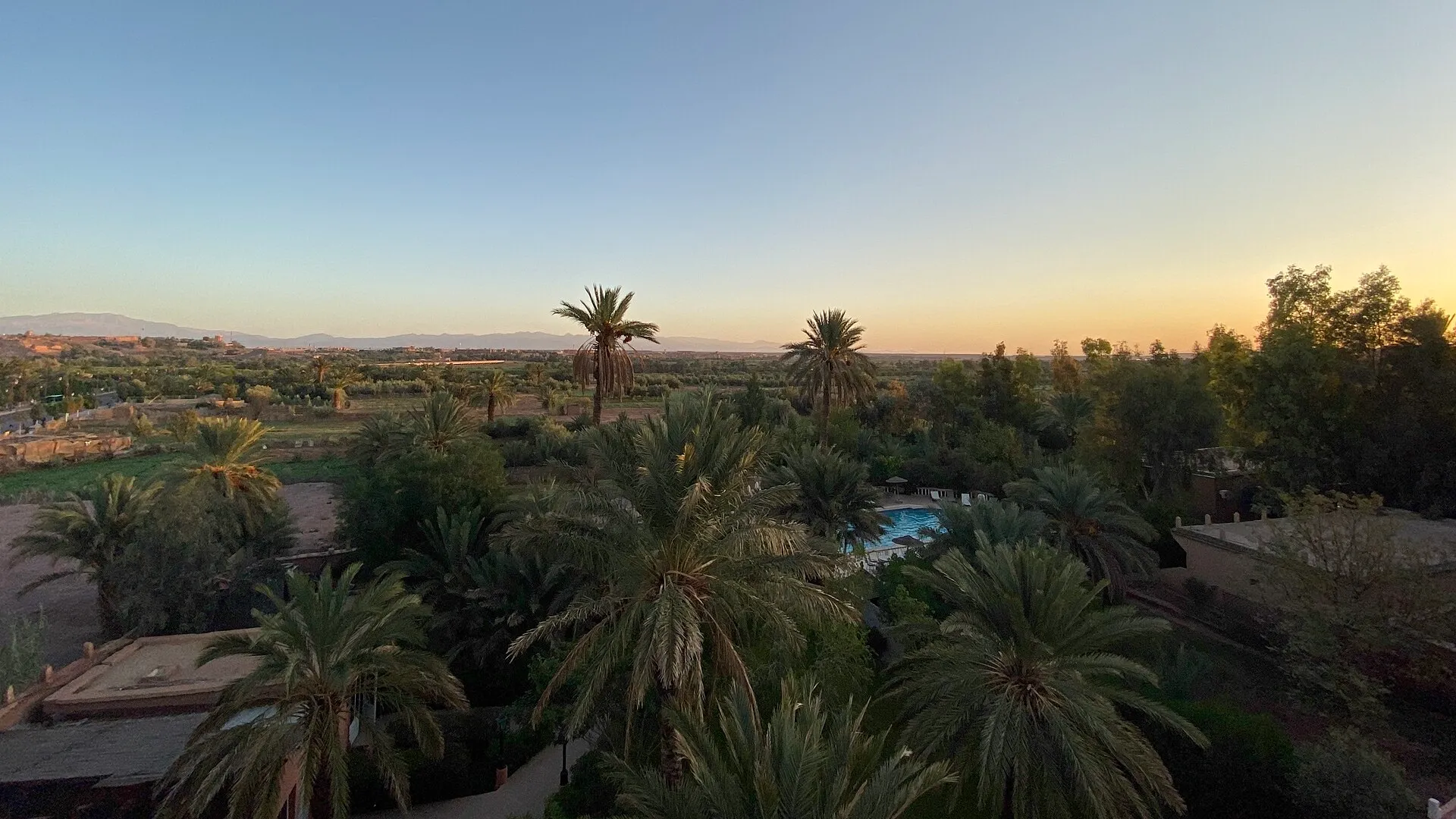 Palmenoase bei Ouarzazate mit Atlasgebirge am Horizont