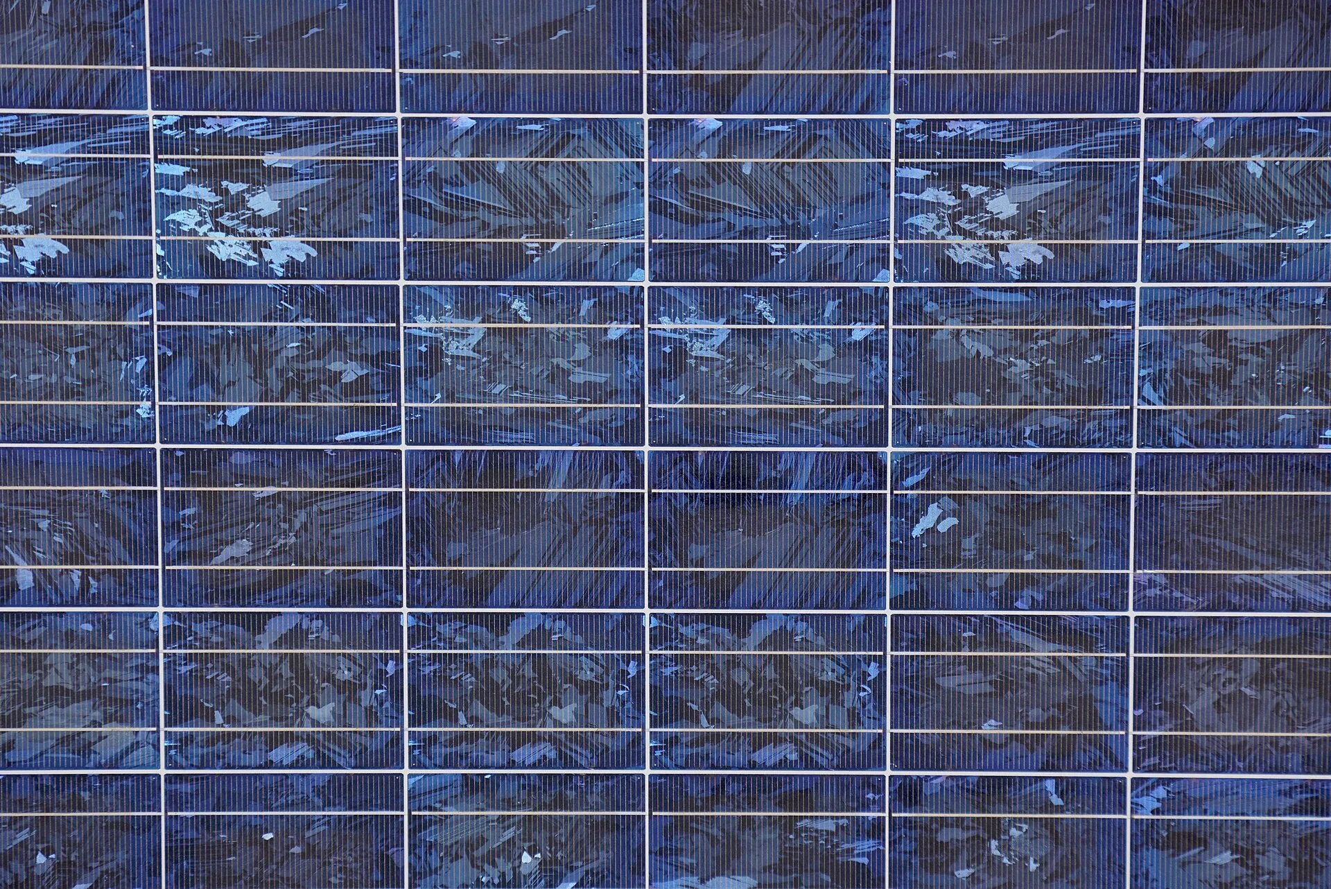 Nahaufnahme blauer polykristalliner Solarzellen mit den feinen silbernen Kontaktbahnen hinter der Glasscheibe eines Moduls